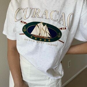 Vintage curaçao Dutch West Indies White Graphic Tee sailing nautical motif size